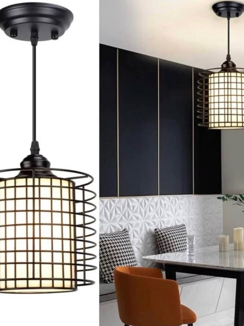 Black Cage Pendant Light with Cream Shade